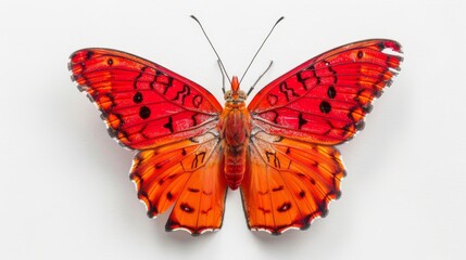   A tight shot of a red butterfly with black spots on its wings against a pristine white backdrop