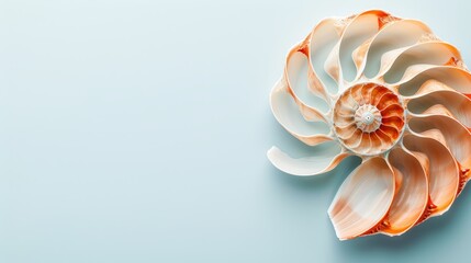  A single orange-white seashell against a light blue backdrop, featuring a white center in its depths