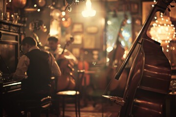 Intimate Jazz Club Ambiance with Musicians and Warm Lighting