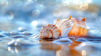   A tight shot of a seashell above shimmering water, framed by a halo of backlight