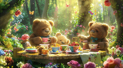  tea party hosted by cartoon teddy bears in a whimsical forest clearing where colorful teacups clink and delicious treats abound creating a charming scene of laughter friendship and boundless joy.