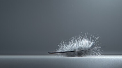   A tight shot of a pristine white feather atop a table against a backdrop of gray textured wall In the foreground, an old black-and-white photograph lies