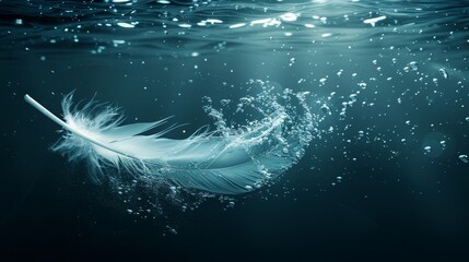   A white feather drifting above tranquil waters, nearby bubbles rise