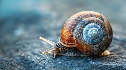   A tight shot of a snail's shell atop a rough stone backdrop, against a clear blue sky