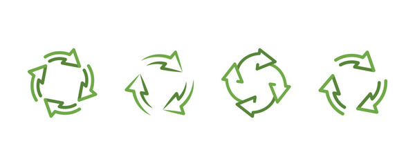 Set of green recycling vector symbols. Reusable sign. Movement arrows. Save earth from garbage. Vector 10 Eps. 