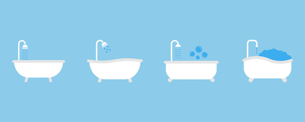 Set of colored bathtub vector icons. Bath with bubble and foam. Bathroom on blue background.