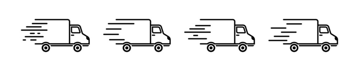 Set of linear fast delivery truck vector icons. Express delivery icons. Courier service. Speedy postal van.