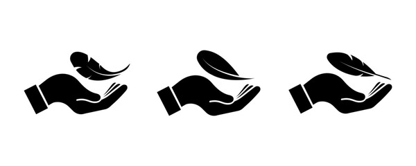 Set of lightweight vector icons. Bird feather in hand. Soft, ease or sensitive symbols. Vector 10 Eps.