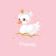Little swan princess with a golden crown on a pink background. Cute illustration for fashion print, greeting cards, nursery bedroom decoration. Vector