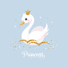 Little swan princess with a golden crown on a blue background. Cute illustration for fashion print, greeting cards, nursery bedroom decoration. Vector