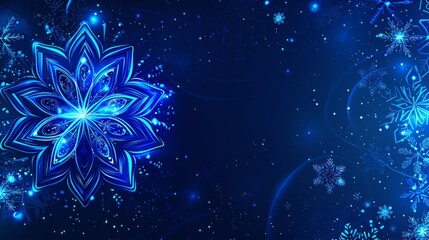   A blue background adorned with snowflakes - some shaped as traditional six-pointed flakes, others morphing into blooming flowers forms