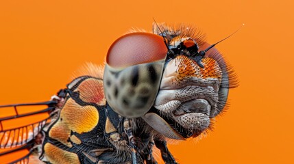   A tight shot of a fly against an orange backdrop, its head sporting a contrasting black-and-white stripe