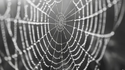   A tight shot of a black and white spider web adorned with dewdrops