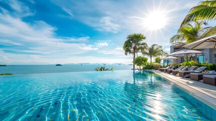 Serene Tropical Oasis - Luxurious Resort Pool with Panoramic Ocean Views in Pattaya,Thailand - obrazy, fototapety, plakaty
