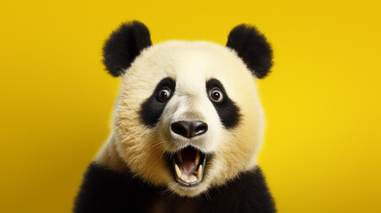 Obraz premium Portrait of a panda with a surprised expression, looking into the camera isolated a yellow background, generative AI