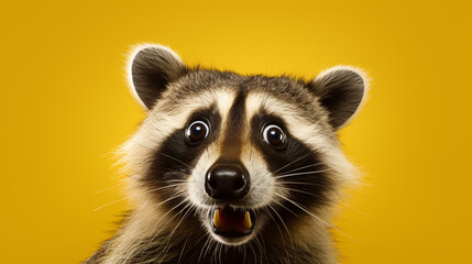 Portrait of a raccoon with a surprised expression, looking into the camera isolated a yellow background, generative AI