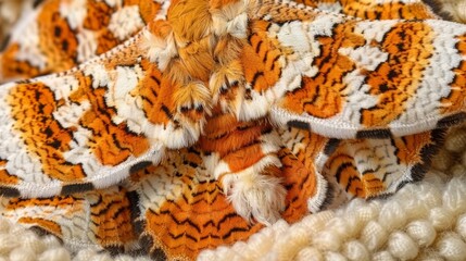   A tight shot of an orange and white moth on a pristine white knitted fabric, featuring black and white vertical stripes