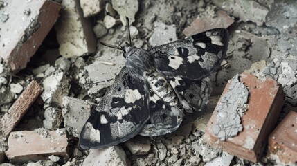   A tight shot of a black-and-white butterfly perched on a stack of bricks amidst a mound of rubble
