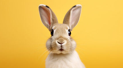 Portrait of a bunny with a surprised expression, looking into the camera isolated a yellow background, generative AI