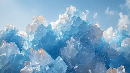   A stack of blue and white ice cubes contrasts against a blue backdrop dotted with clouds