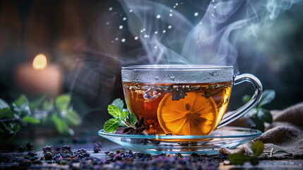 closeup of natural healthy steaming tea