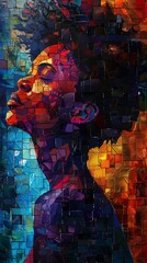 Craft a side view portrait of a musicians silhouette filled with a mosaic of colorful, fragmented emotions, each represented by unique textures and patterns Blend oil painting techniques with digital