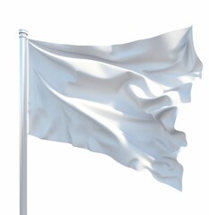   A white flag with a white pole fluttering in the wind against a pristine white backdrop