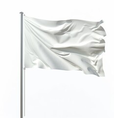   A white flag flutters in the wind against a clear blue sky's backdrop, atop a flagpole