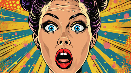 A woman with blue eyes and red lips is screaming. The image is a representation of a woman with a big, open mouth. Surprised woman face in pop art style - obrazy, fototapety, plakaty