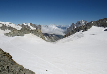 Landscape in the mountainsides of the Mont-Blanc during the summer from the Pointe Helbronner. Alps...
