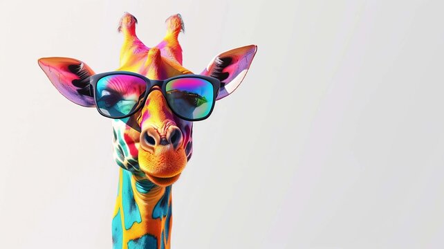 cartoon giraffe wearing colored glasses on a white background. selective focus animals, Generative AI,
