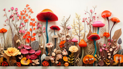 Vibrant 3D Paper Art Floral and Mushroom Display