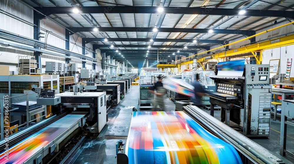Poster bustling print shop with large format printers in action,vibrant prints emerging from machines