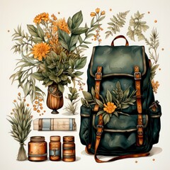 Vintage Backpack with Botanical Decor and Antique Books Illustration