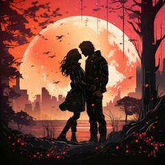 Romantic Couple Silhouette Against Vivid Sunset Sky - obrazy, fototapety, plakaty