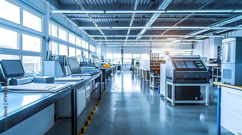 Poster technologically advanced print shop with clean,professional atmosphere
