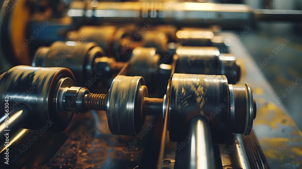 Poster intricate mechanical components of a printing press at work