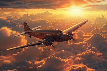 Craft a digital masterpiece depicting a vintage aircraft soaring into the sunset, seamlessly blending photorealistic details with a touch of nostalgia, reminiscent of classic aviation milestones