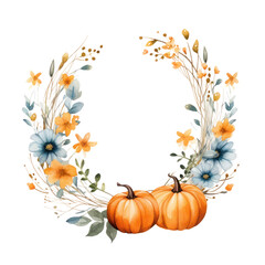 Naklejka na ściany i meble A watercolor painting of a wreath made of twigs, leaves, and flowers in fall colors, with two pumpkins at the bottom.