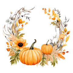 A watercolor painting of a wreath made of fall leaves, sunflowers, and pumpkins.