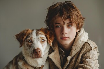 A casually cool boy channels a fashionforward vibe while playfully posing with a friendly dog, capturing a relaxed yet stylish aesthetic in a professional photography studio