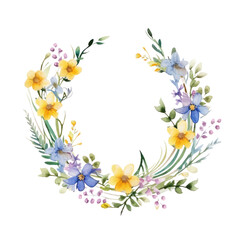 A watercolor painting of a wreath of blue, yellow, and purple flowers.