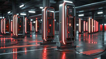 A row of modern electric vehicle charging stations in an urban setting, with vehicles being charged and holographic displays showing energy levels and waiting times. 