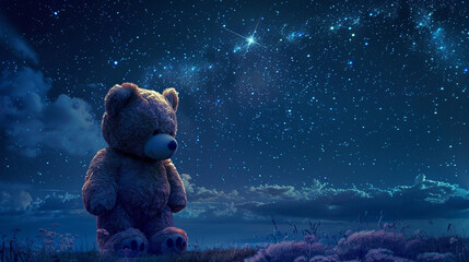 A giant teddy bear standing beneath a starry night sky its form illuminated by the soft glow of...