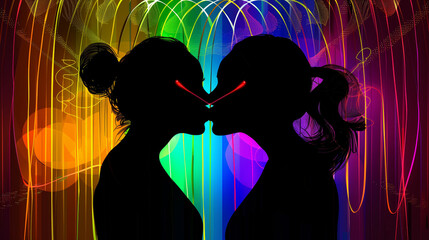Two women are kissing each other's lips in a colorful room. Scene is romantic and playful. Two girls interracial kissing silhouette rainbow neon background pride gay lesbian