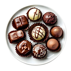 various type of chocolates in white plate, transparent background, png