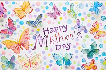Happy Mother's Day greeting card design concept with flock of butterfly children painting.