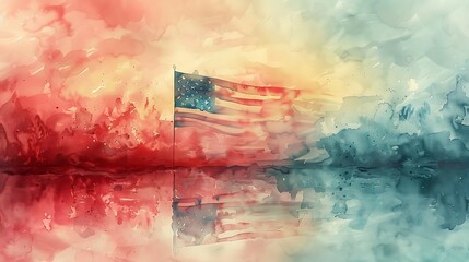 A delicate and serene watercolor painting of the USA flag, rendered in soft, fluid strokes that evoke a sense of peace and artistry.