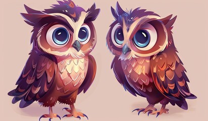 Adorable cartoon owls with big eyes on pastel background