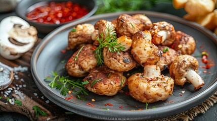 Gourmet grilled mushrooms with fresh herbs on rustic plate